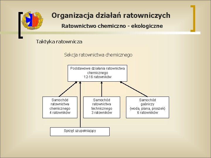 Organizacja działań ratowniczych Ratownictwo chemiczno - ekologiczne Taktyka ratownicza Sekcja ratownictwa chemicznego Podstawowe działania