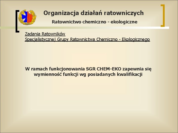 Organizacja działań ratowniczych Ratownictwo chemiczno - ekologiczne Zadania Ratowników Specjalistycznej Grupy Ratownictwa Chemiczno -