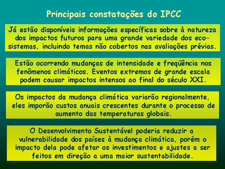 Principais constatações do IPCC Já estão disponíveis informações específicas sobre à natureza dos impactos