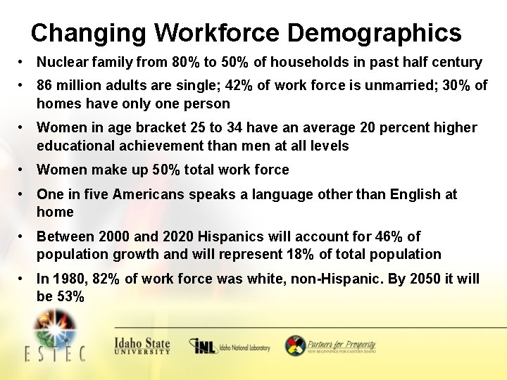 Changing Workforce Demographics • Nuclear family from 80% to 50% of households in past