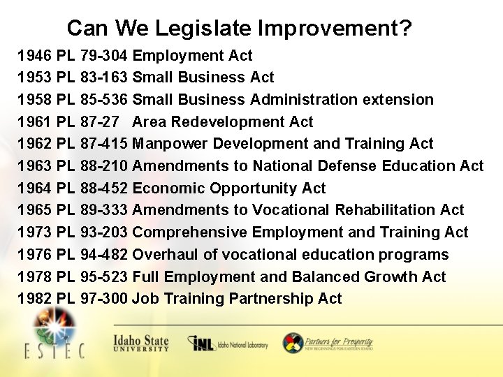Can We Legislate Improvement? 1946 PL 79 -304 Employment Act 1953 PL 83 -163