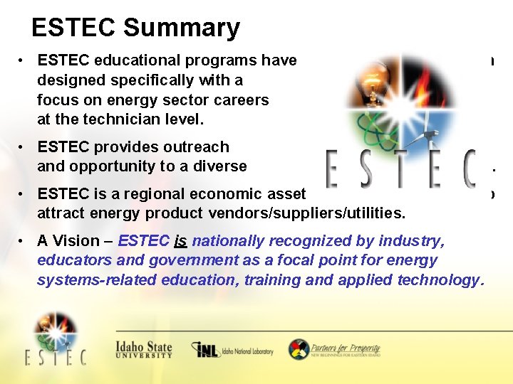 ESTEC Summary • ESTEC educational programs have been designed specifically with a focus on
