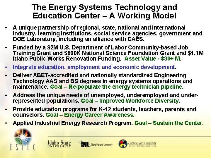 The Energy Systems Technology and Education Center – A Working Model • A unique