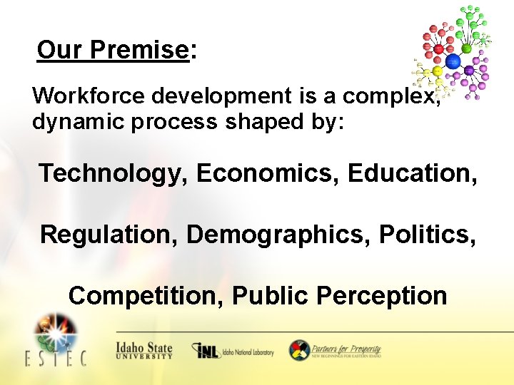 Our Premise: Workforce development is a complex, dynamic process shaped by: Technology, Economics, Education,