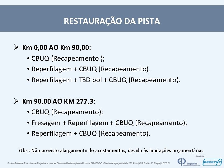 RESTAURAÇÃO DA PISTA Ø Km 0, 00 AO Km 90, 00: • CBUQ (Recapeamento
