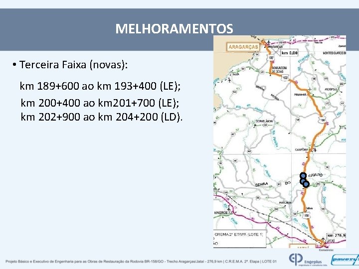 MELHORAMENTOS • Terceira Faixa (novas): km 189+600 ao km 193+400 (LE); km 200+400 ao