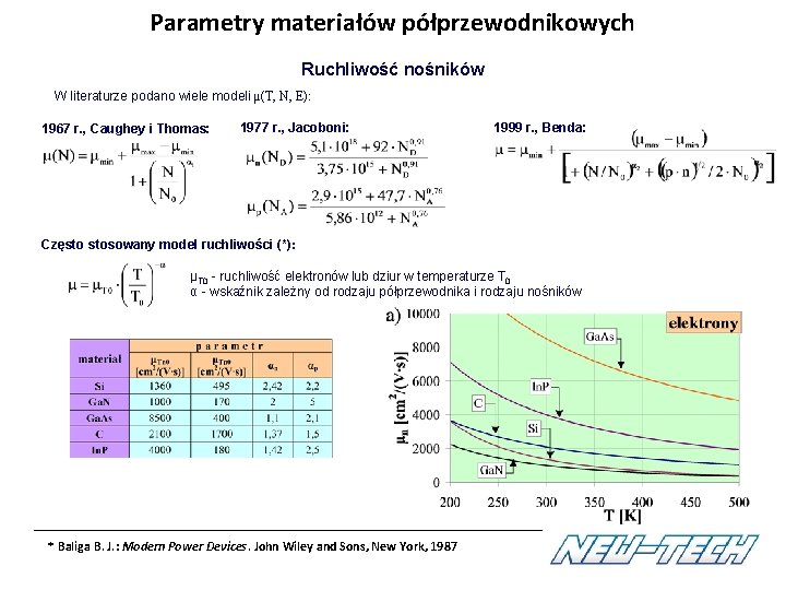 Parametry materiałów półprzewodnikowych Ruchliwość nośników W literaturze podano wiele modeli μ(T, N, E): 1967 Parametry materiałów półprzewodnikowych Ruchliwość nośników W literaturze podano wiele modeli μ(T, N, E): 1967