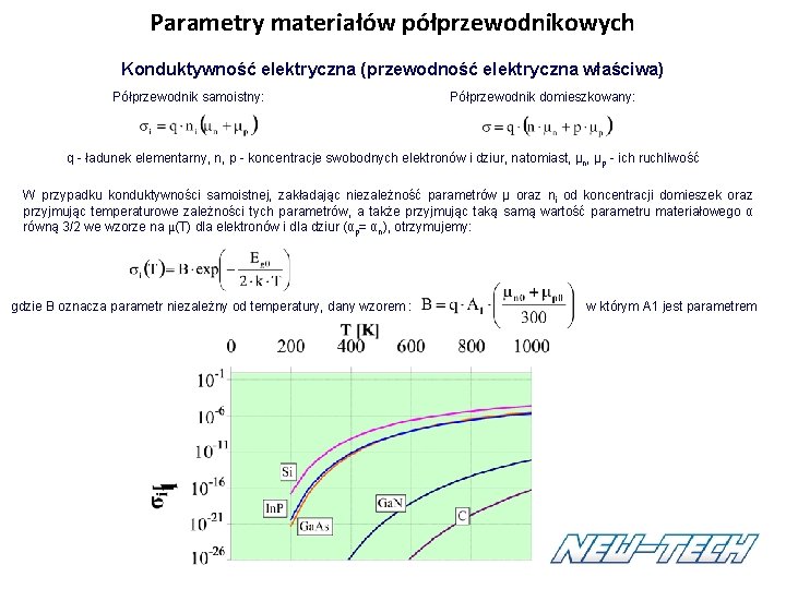Parametry materiałów półprzewodnikowych Konduktywność elektryczna (przewodność elektryczna właściwa) Półprzewodnik samoistny: Półprzewodnik domieszkowany: q - Parametry materiałów półprzewodnikowych Konduktywność elektryczna (przewodność elektryczna właściwa) Półprzewodnik samoistny: Półprzewodnik domieszkowany: q -