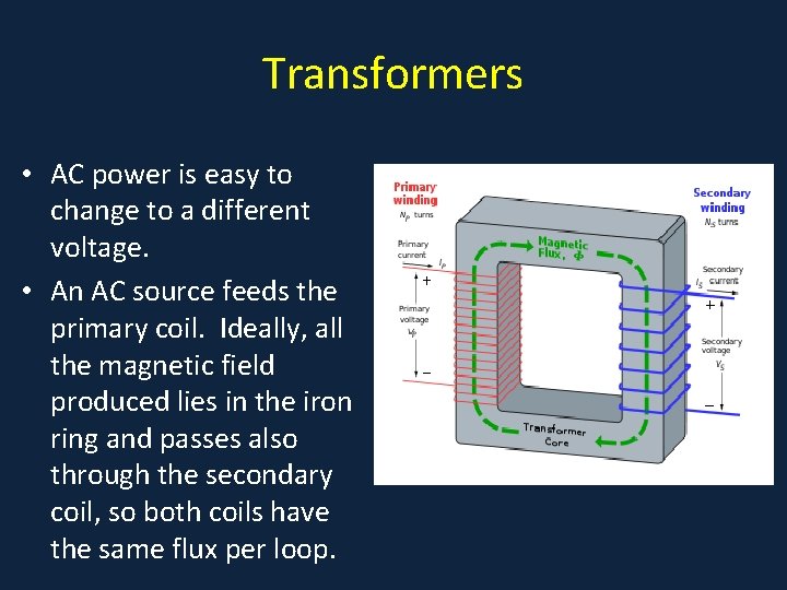 Transformers • AC power is easy to change to a different voltage. • An