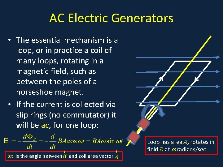 AC Electric Generators • The essential mechanism is a loop, or in practice a