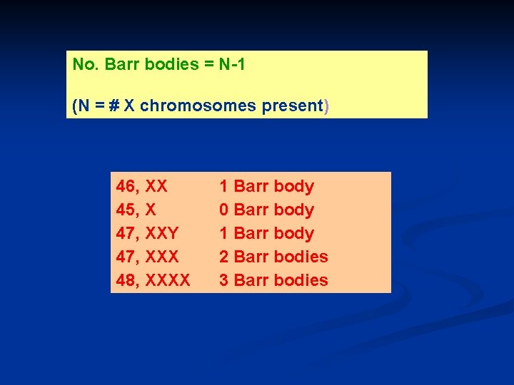 No. Barr bodies = N-1 (N = # X chromosomes present) 46, XX 45,