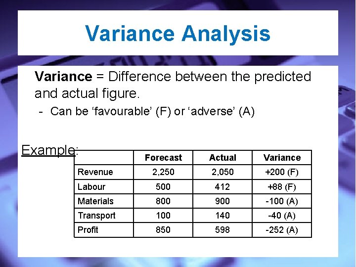 Variance Analysis Variance = Difference between the predicted and actual figure. - Can be