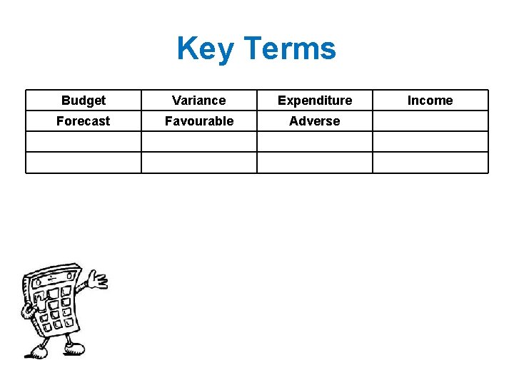 Key Terms Budget Variance Expenditure Forecast Favourable Adverse Income 