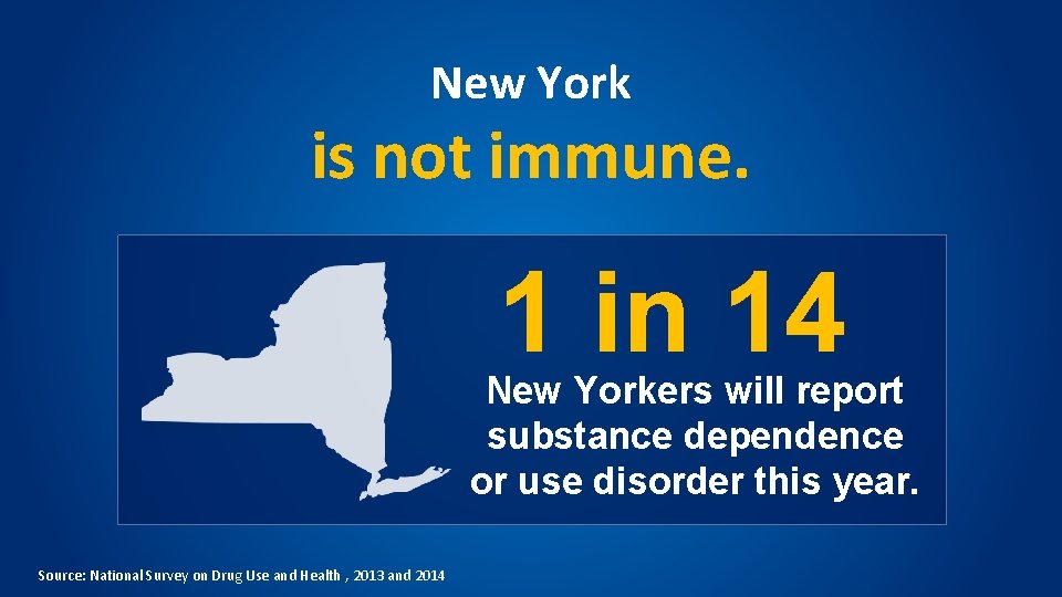 New York is not immune. 1 in 14 New Yorkers will report substance dependence