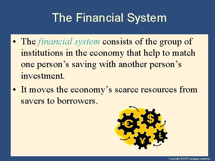 The Financial System • The financial system consists of the group of institutions in