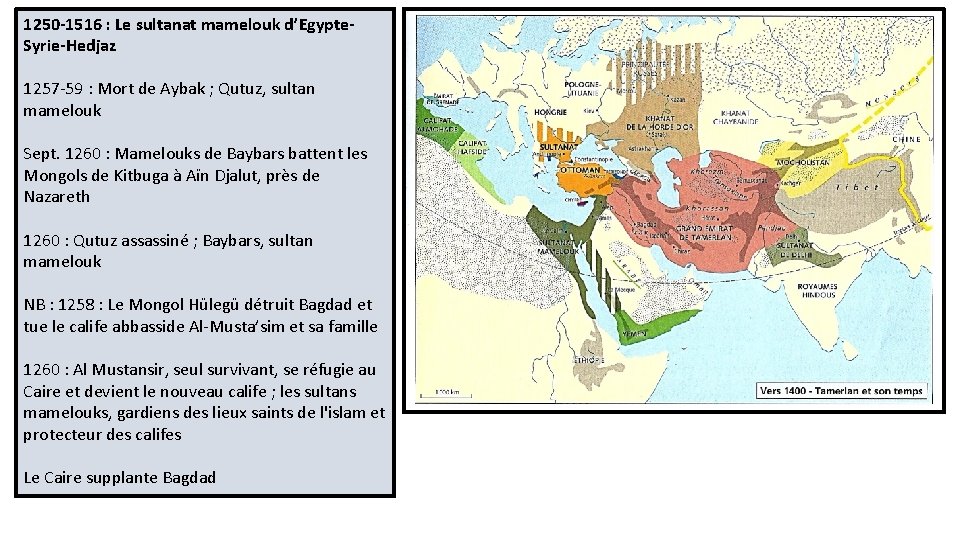 1250 -1516 : Le sultanat mamelouk d’Egypte. Syrie-Hedjaz 1257 -59 : Mort de Aybak