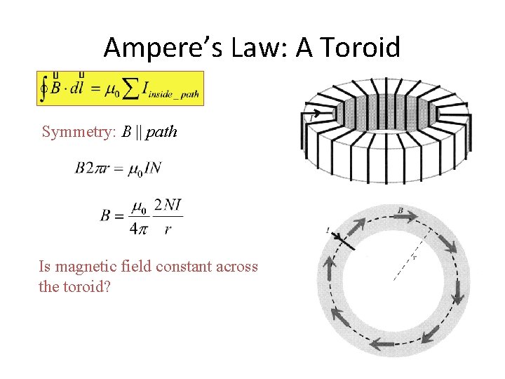 Ampere’s Law: A Toroid Symmetry: B || path Is magnetic field constant across the