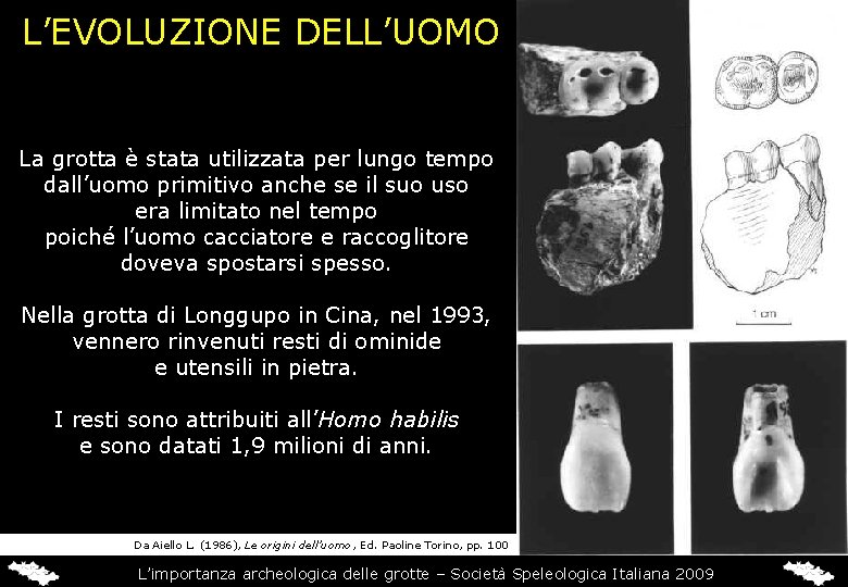 L’EVOLUZIONE DELL’UOMO La grotta è stata utilizzata per lungo tempo dall’uomo primitivo anche se