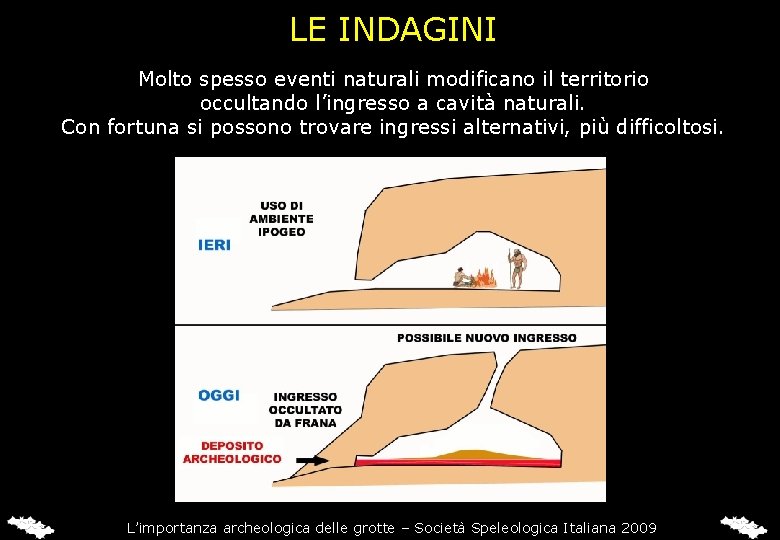 LE INDAGINI Molto spesso eventi naturali modificano il territorio occultando l’ingresso a cavità naturali.