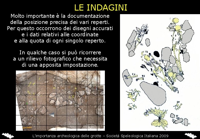 LE INDAGINI Molto importante è la documentazione della posizione precisa dei vari reperti. Per