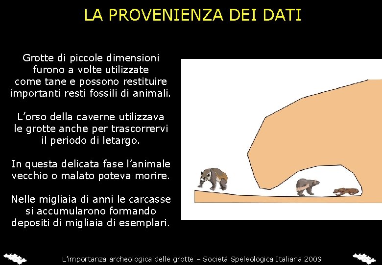 LA PROVENIENZA DEI DATI Grotte di piccole dimensioni furono a volte utilizzate come tane