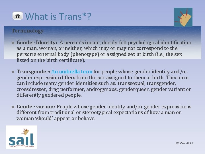 What is Trans*? Terminology l Gender Identity: A person’s innate, deeply-felt psychological identification as