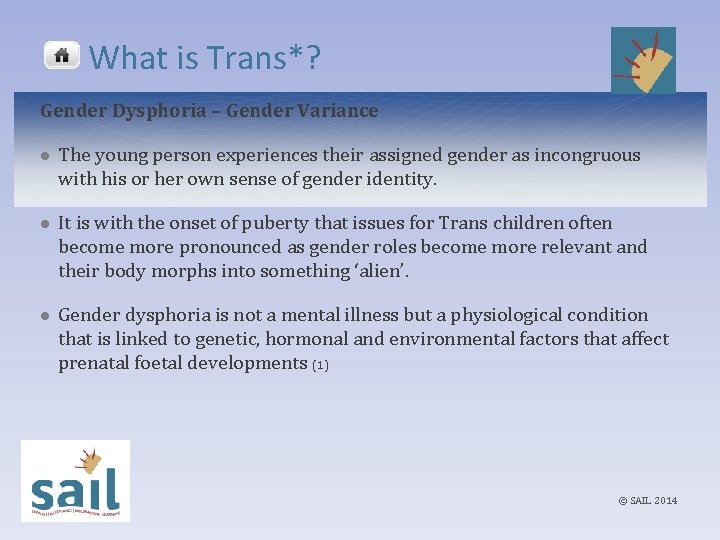 What is Trans*? Gender Dysphoria – Gender Variance l The young person experiences their
