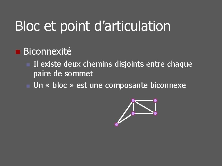 Bloc et point d’articulation n Biconnexité n n Il existe deux chemins disjoints entre