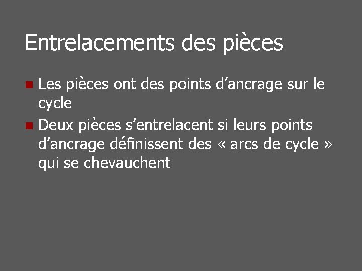 Entrelacements des pièces Les pièces ont des points d’ancrage sur le cycle n Deux