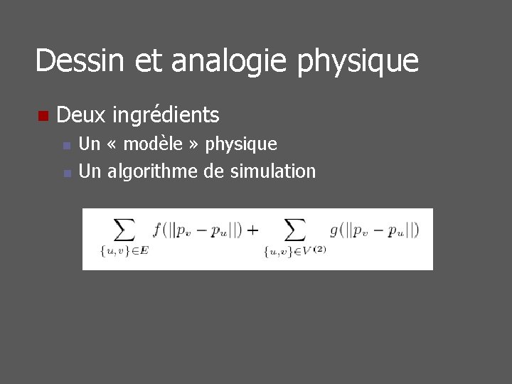 Dessin et analogie physique n Deux ingrédients n n Un « modèle » physique