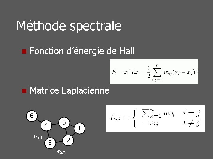 Méthode spectrale n Fonction d’énergie de Hall n Matrice Laplacienne w 3, 4 w