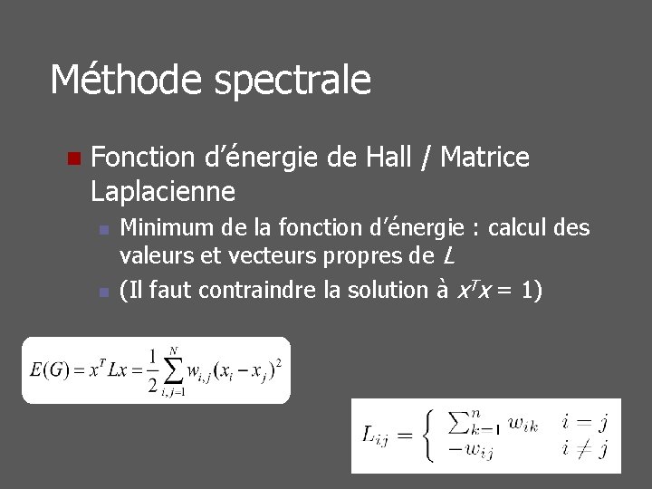 Méthode spectrale n Fonction d’énergie de Hall / Matrice Laplacienne n n Minimum de