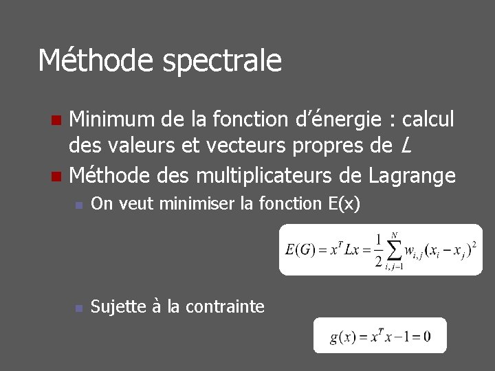 Méthode spectrale Minimum de la fonction d’énergie : calcul des valeurs et vecteurs propres