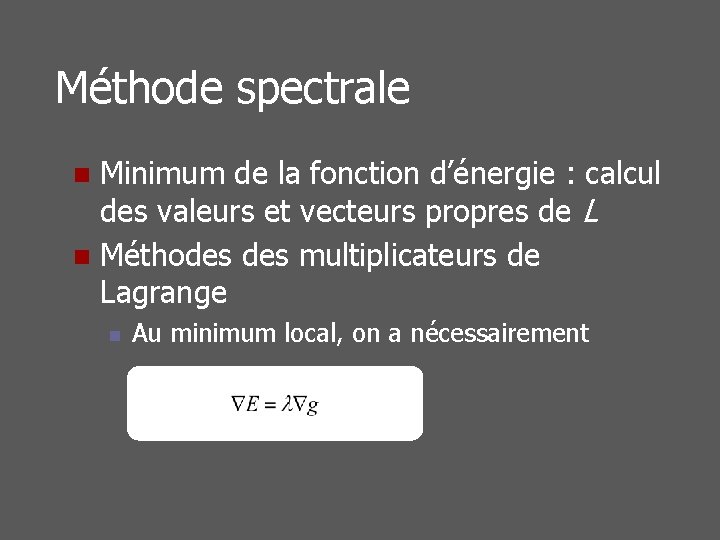 Méthode spectrale Minimum de la fonction d’énergie : calcul des valeurs et vecteurs propres