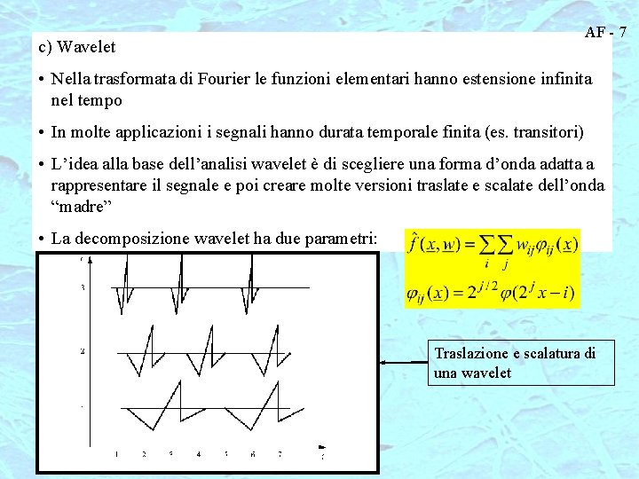 AF - 7 c) Wavelet • Nella trasformata di Fourier le funzioni elementari hanno
