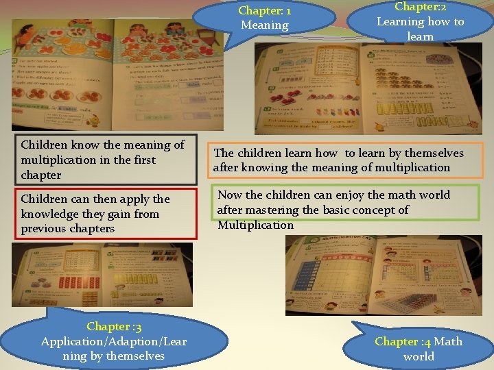 Chapter: 1 Meaning Children know the meaning of multiplication in the first chapter Children