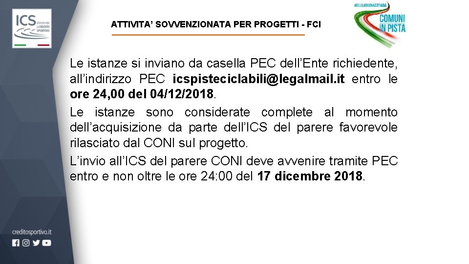 ATTIVITA’ SOVVENZIONATA PER PROGETTI - FCI Le istanze si inviano da casella PEC dell’Ente