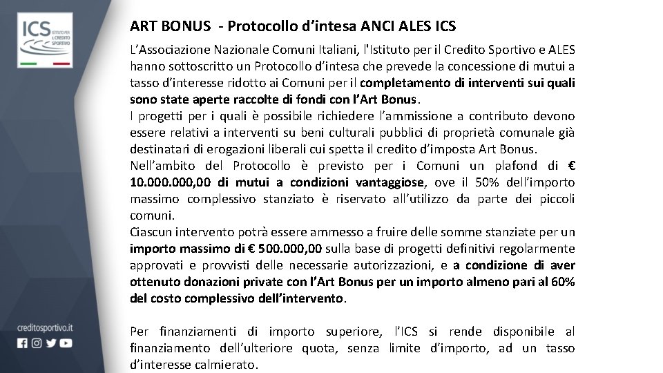 ART BONUS - Protocollo d’intesa ANCI ALES ICS L’Associazione Nazionale Comuni Italiani, l'Istituto per