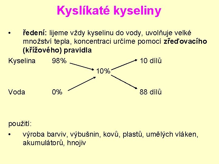 Kyslíkaté kyseliny • ředení: lijeme vždy kyselinu do vody, uvolňuje velké množství tepla, koncentraci Kyslíkaté kyseliny • ředení: lijeme vždy kyselinu do vody, uvolňuje velké množství tepla, koncentraci