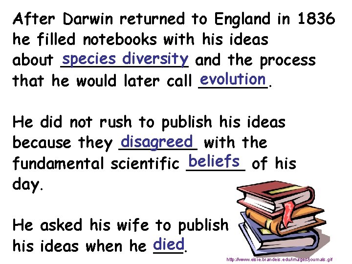 After Darwin returned to England in 1836 he filled notebooks with his ideas species