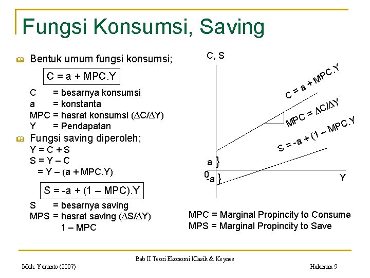 Fungsi Konsumsi, Saving & Bentuk umum fungsi konsumsi; C, S. Y C = a