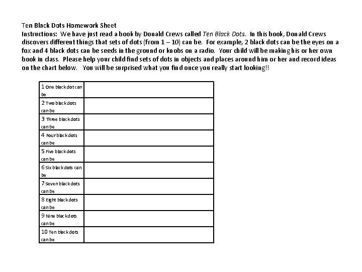 Ten Black Dots Homework Sheet Instructions: We have just read a book by Donald