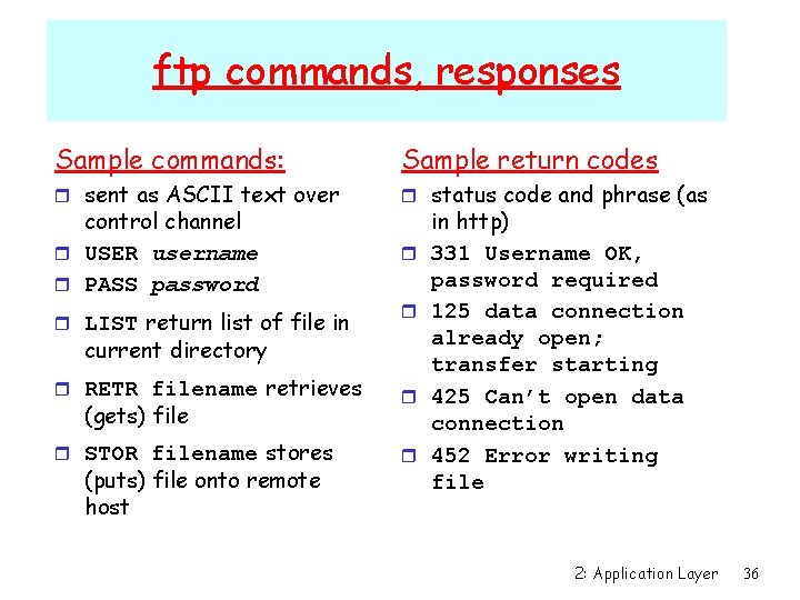 ftp commands, responses Sample commands: Sample return codes r sent as ASCII text over