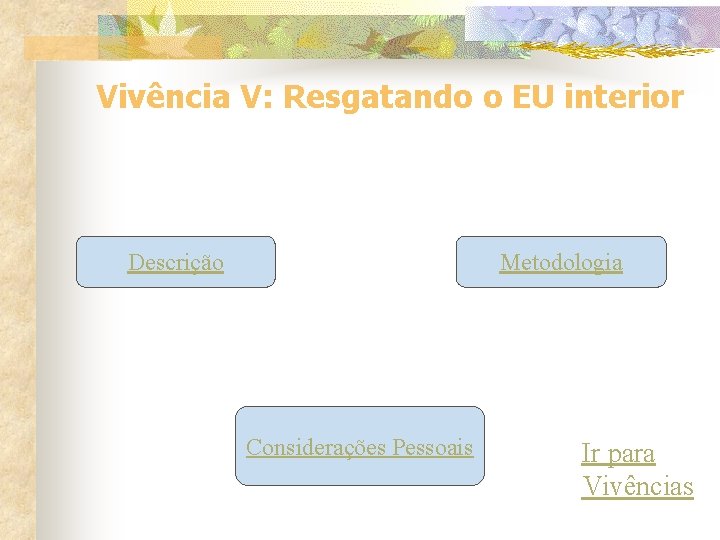 Vivência V: Resgatando o EU interior Descrição Metodologia Considerações Pessoais Ir para Vivências 