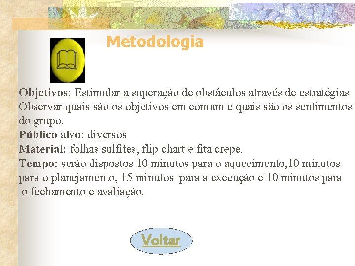 Metodologia Objetivos: Estimular a superação de obstáculos através de estratégias Observar quais são os