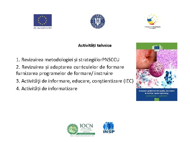 Activități tehnice 1. Revizuirea metodologiei și strategiilor. PNSCCU 2. Revizuirea și adaptarea curriculelor de