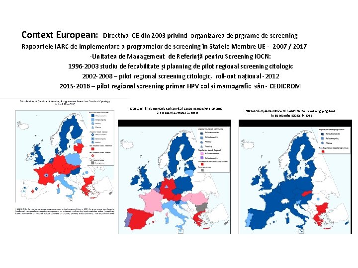 Context European: Directiva CE din 2003 privind organizarea de prgrame de screening Rapoartele IARC