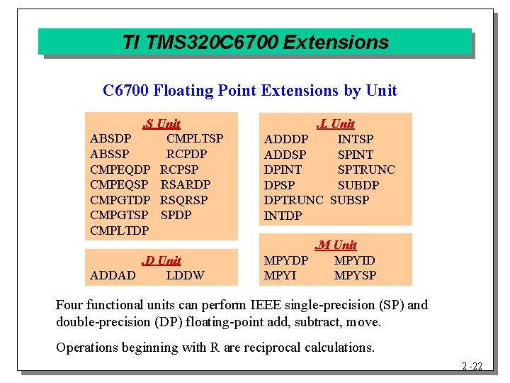 TI TMS 320 C 6700 Extensions C 6700 Floating Point Extensions by Unit. S