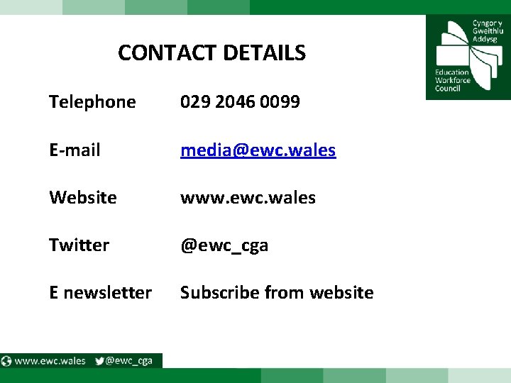 CONTACT DETAILS Telephone 029 2046 0099 E-mail media@ewc. wales Website www. ewc. wales Twitter