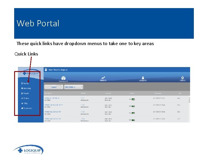 Web Portal These quick links have dropdown menus to take one to key areas